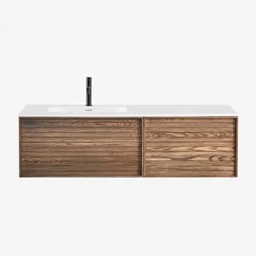 Conjunto Vaniteit Hangend 140x50 Cm In Hout Met Geïntegreerde Wastafel Solea Ash Brown & Spiegelloze & Mat Zwart ↑20 Cm Met - Sklum