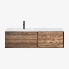 Conjunto Vaniteit Hangend 140x50 Cm In Hout Met Geïntegreerde Wastafel Solea Spiegelloze & Ash Brown & Mat Zwart ↑20 Cm Met Afvoerkraan Met Overloop O