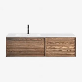 Solea Houten Badkamermeubelset Met Geïntegreerde Wastafel Natuurlijk Hout & Spiegelloze & Zwart ↑20 Cm Met Overloop Aftapventiel Orveta - Sklum