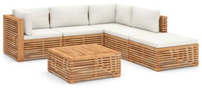 vidaXL 6-delige Loungeset met crèmekleurige kussens massief teakhout
