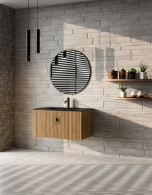 Muebles Raya badmeubel ribbelfront 80cm warm eiken met zwarte wastafel met kraangat
