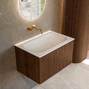 Mondiaz Kurve 70cm badmeubel walnut met 1 lade en wastafel big small midden zonder kraangat