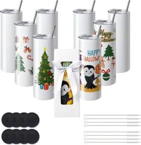 VEVOR 8-pack rechte sublimatiebekers, 20 oz lege bekers, roestvrijstalen bekers met dubbele wand, met rietje, deksel, borstel, bodem, krimpfolie, geschenkdoos, voor hittepers en hitteoverdracht