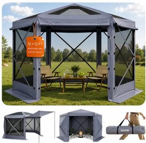 VEVOR Pop-up Paviljoen, 3,6 x 3,6 x 2,2 m, Grote 6-zijdige kampeertent met afneembaar dak en draagtas, feesttent, zonnescherm voor 8-10 personen, voor tuin, terras en patio