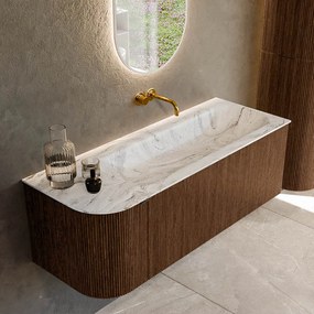 Mondiaz Kurve-dlux 125cm badmeubel ronding links walnut met 1 lade en deur en wastafel big medium rechts zonder kraangat glace