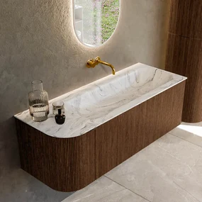 Mondiaz Kurve-dlux 125cm badmeubel ronding links walnut met 1 lade en deur en wastafel big medium rechts zonder kraangat glace