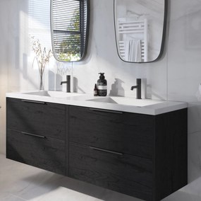 Saqu Lima badmeubel incl. dubbele glans witte wastafel 160x52x64cm eiken zwart – mat zwarte greep