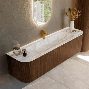 Mondiaz Kurve-dlux 170cm badmeubel ronding links/rechts walnut met 1 lade en 2 deuren en wastafel big large midden 1 kraangat glace