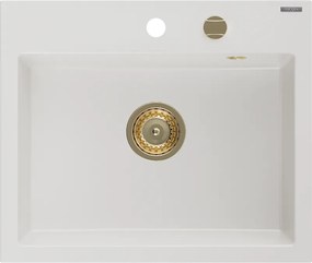 Mexen Oscar granieten gootsteen 1-kompartment 580 x 490 mm, wit, gouden sifon - 6519581000-20-G