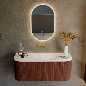 Mondiaz Kurve-dlux 110cm badmeubel ronding links/rechts ruby met 1 lade en 2 deuren en wastafel cloud midden zonder kraangat ostra