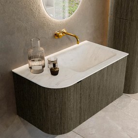 Mondiaz Kurve-dlux 85cm badmeubel ronding links shadow met 1 lade en deur en wastafel cloud rechts zonder kraangat opalo