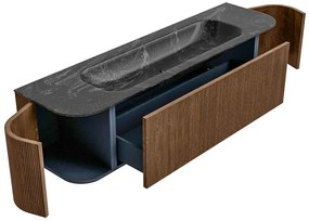 Mondiaz Kurve-dlux 170cm badmeubel ronding links/rechts walnut met 1 lade en 2 deuren en wastafel big large midden 2 kraangaten lava