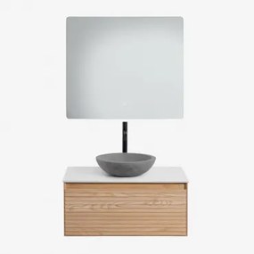 Tedrik Badkamermeubelset In Essenhout Ash Brown & Rond Grijs Cement Ø40 Cm Tarsis & Rechthoekige Led En Anticondens 80x70 Cm Gualar & - Sklum