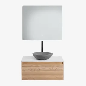 Tedrik Badkamermeubelset In Essenhout Ash Brown & Rond Grijs Cement Ø40 Cm Tarsis & Rechthoekige Led En Anticondens 80x70 Cm Gualar & - Sklum