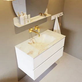 Mondiaz Vica DLux badmeubel 90cm talc 2 lades met wastafel frappe midden zonder kraangat