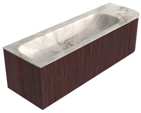 Mondiaz Kurve-dlux 145cm badmeubel ronding rechts ruby met 1 lade en deur en wastafel big large links zonder kraangat frappe