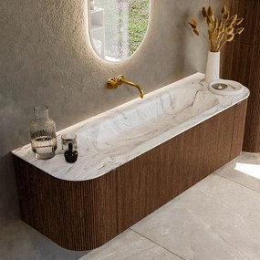 Mondiaz Kurve-dlux 150cm badmeubel ronding links/rechts walnut met 1 lade en 2 deuren en wastafel big medium midden zonder kraangat glace