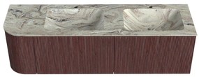 Mondiaz Kurve-dlux 155cm badmeubel ronding links ruby met 2 lades en 1 deur en wastafel leaf dubbel/rechts 2 kraangaten glace