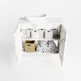 Mondiaz Fowy toiletmeubel 60cm Carrara met witte waskom links en kraangat