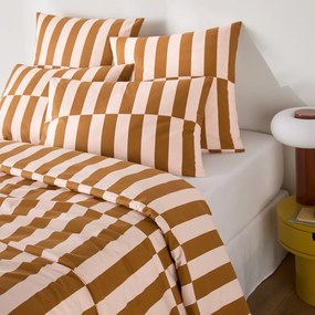 Dekbedovertrek van 50% gerecycled katoen, geometrische print, TABAKA CARAMEL