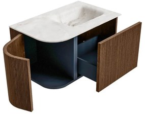 Mondiaz Kurve-dlux 75cm badmeubel ronding links walnut met 1 lade en deur en wastafel grunne kraangat rechts frappe
