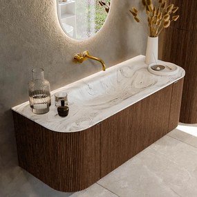Mondiaz Kurve-dlux 120cm badmeubel ronding links/rechts walnut met 1 lade en 2 deuren en wastafel big small midden zonder kraangat glace