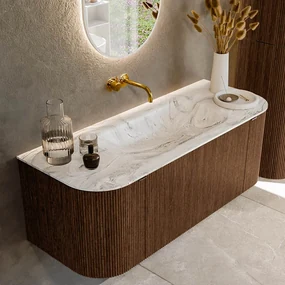 Mondiaz Kurve-dlux 120cm badmeubel ronding links/rechts walnut met 1 lade en 2 deuren en wastafel big small midden zonder kraangat glace