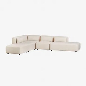 4-delige Modulaire Hoekbank Met Rechter Chaise Longue En Poef Fogler Linnen Fluweel Linnenbeige - Sklum