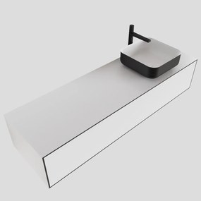 Zaro Lagom volledig naadloos solid surface onderkast met topblad 150cm mat zwart met 1 lades Push tot open. Compleet met solid surface opzetkom met 1 kraangat(en)