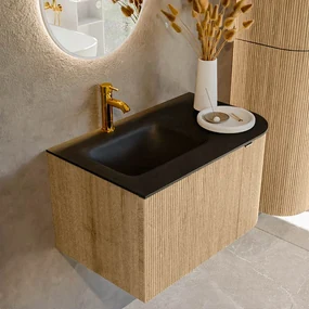 Mondiaz Kurve 75cm badmeubel ronding rechts oak met 1 lade en deur en wastafel grunne kraangat links urban