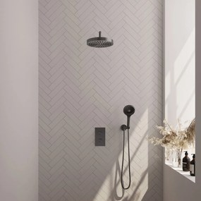 Brauer Stripe inbouw regendouche met 25cm hoofddouche, gebogen muurarm en 3 standen handdouche set 17 gunmetal geborsteld PVD