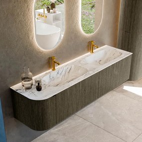 Mondiaz Kurve-dlux 175cm badmeubel ronding links shadow met 2 lades en 1 deur en wastafel stor small dubbel/rechts 2 kraangaten glace
