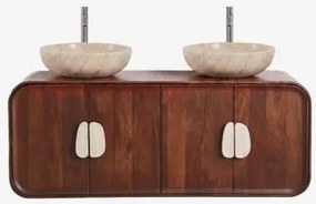 Dubbel Zwevend Badkamermeubelset 130x45 Cm Van Mangohout En Natuurlijke Kivalina-steen Travertijn - Donker Mangohout & 2 X Ronde Travertijn Ø40 -
