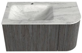 Mondiaz Kurve-dlux 85cm badmeubel ronding rechts shadow met 1 lade en deur en wastafel cloud kraangat links opalo