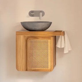 Georgy Zwevend Badkamermeubelset 60x40 Cm In Teakhout Teakhout & Rond Grijs Cement Ø40 Cm Tarsis & Spiegelloze & Geborsteld Grijs Ingebed Met Aftapkra