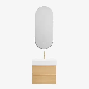 Badkamermeubelset Van Hout En Essenhoutfineer Met Geïntegreerde Wastafel Ona Natuurlijk Hout & Oval Led And Antifog Black 45x105 Cm Vacson - Sklum