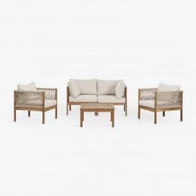 Woonkamerset Met 2-delige Modulaire Bank Met Armleuningen, 2 Fauteuils En Salontafel In Branson Acaciahout Wit Gardenia - Bruin Acacia - Sklum