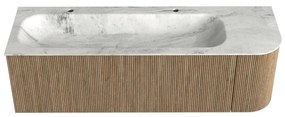 Mondiaz Kurve-dlux 145cm badmeubel ronding rechts dusk met 1 lade en deur en wastafel big large links 2 kraangaten opalo