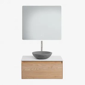 Tedrik Zwevend Badkamermeubelset 80x50 Cm In Essenhout Ash Brown & Rond Grijs Cement Ø40 Cm Tarsis & Rechthoekige Led En Anticondens 80x70 Cm Riben -