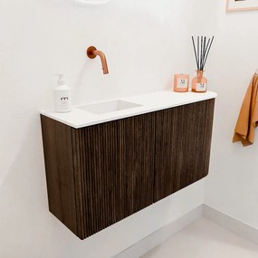 Mondiaz Joya 80cm toiletmeubel ronding rechts walnut met wastafel faye links zonder kraangat talc