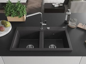 Mexen Hektor granieten gootsteen 2-kamer 800 x 480 mm, zwart gespikkeld, chromen sifon - 6521802000-76