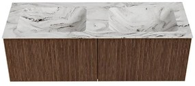 Mondiaz Kurve-dlux 130cm badmeubel walnut met 2 lades en wastafel leaf dubbel zonder kraangat glace