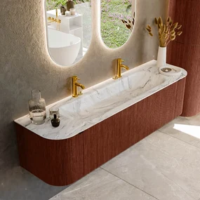 Mondiaz Kurve-dlux 170cm badmeubel ronding links/rechts ruby met 1 lade en 2 deuren en wastafel big large midden 2 kraangaten glace