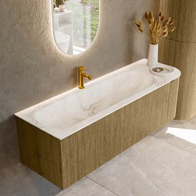 Mondiaz Kurve-dlux 145cm badmeubel ronding rechts dusk met 1 lade en deur en wastafel big large kraangat links frappe