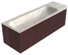 Mondiaz Kurve-dlux 145cm badmeubel ronding rechts ruby met 1 lade en deur en wastafel big large links zonder kraangat ostra