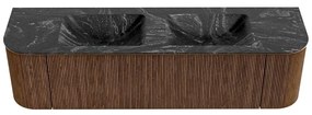 Mondiaz Kurve-dlux 170cm badmeubel ronding links/rechts walnut met 1 lade en 2 deuren en wastafel leaf dubbel 2 kraangaten lava