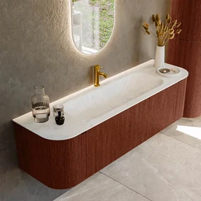 Mondiaz Kurve-dlux 160cm badmeubel ronding links/rechts ruby met 1 lade en 2 deuren en wastafel big medium midden 1 kraangat opalo