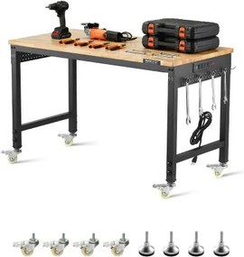 VEVOR Werkbank 1220x610x711-1003mm, 907 Draagvermogen, Werkbank met Stopcontact, Wielen en Pegboard, Robuuste Werktafel met Eikenhouten Blad voor Garage, Werkplaats, Kantoor en Thuis