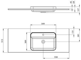 Sapho Brahea wastafel 130x50cm solid surface wit mat met brede rand en kraangat rechts