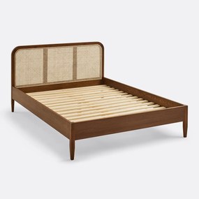 Bed met lattenbodem, noten gebeitst, massief eiken, gefineerd en met riet, MADARA